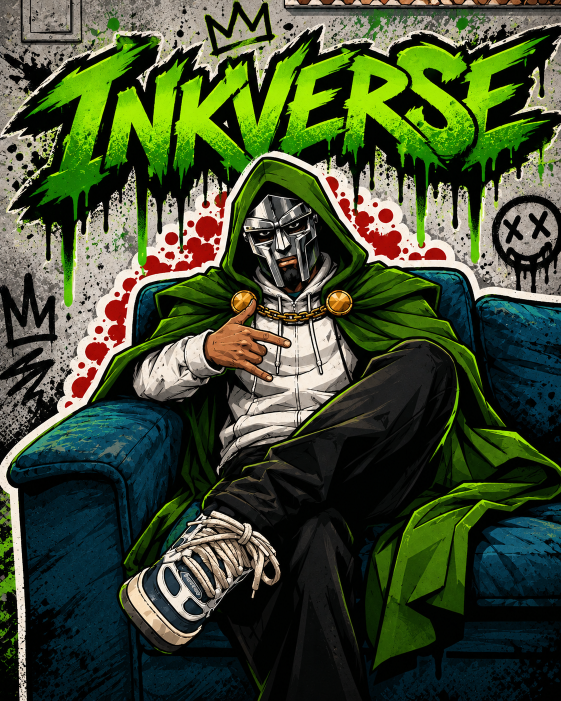 Arte do Doutor Destino em estilo graffiti INKVERSE sentado em um sofá